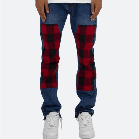 [NWOT] MNML Mens Medium Blue Red Plaid Patchwork Denim Jeans Size 36 - Picture 1 of 10